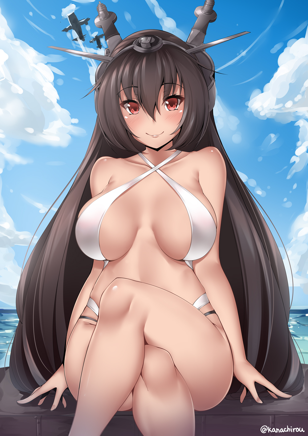 aircraft bare_shoulders bikini black_hair blue_sky blush breasts breasts_apart cloud collarbone commentary criss-cross_halter crossed_legs day halterneck headgear highres kanachirou kantai_collection large_breasts lips long_hair looking_at_viewer nagato_(kantai_collection) ocean outdoors red_eyes sitting skindentation sky smile solo swimsuit twitter_username water white_swimsuit