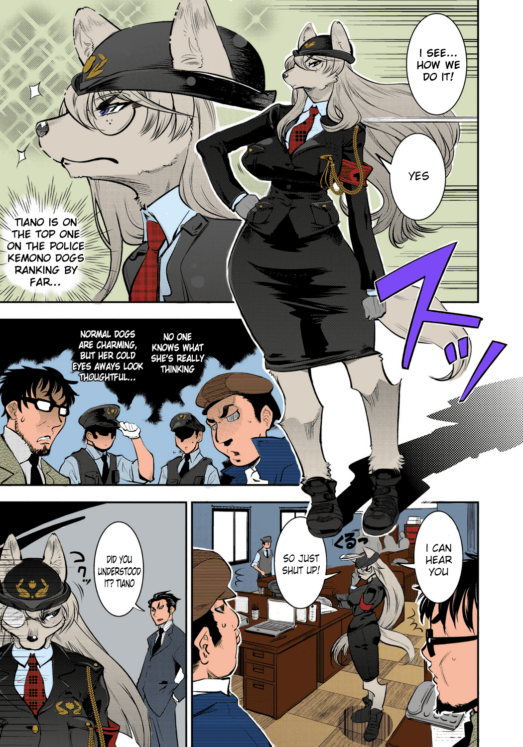 canine clothed clothing colored comic dog english_text female hair hi_res human kemono kemonono long_hair male mammal office police text translated uniform