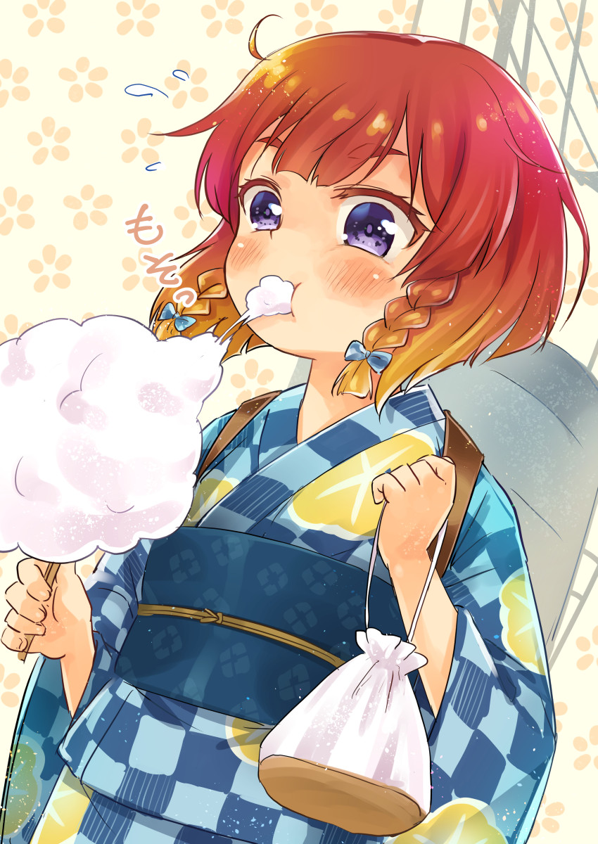 alternate_costume blush braid broiler checkered commentary_request cotton_candy eating etorofu_(kantai_collection) floral_print food gradient_hair highres holding holding_food japanese_clothes kantai_collection kimono multicolored_hair obi orange_hair purple_eyes red_hair sash short_hair side_braid solo twin_braids upper_body yukata