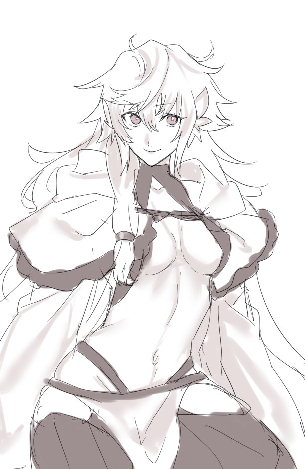 bad_id bad_twitter_id breasts cleavage cloak cowboy_shot fate/grand_order fate/stay_night fate_(series) greyscale groin harem_pants hood long_hair looking_at_viewer medium_breasts merlin_(fate) merlin_(fate/prototype) monochrome navel pants pelvic_curtain revealing_clothes seseragi_azuma sitting sketch smile solo