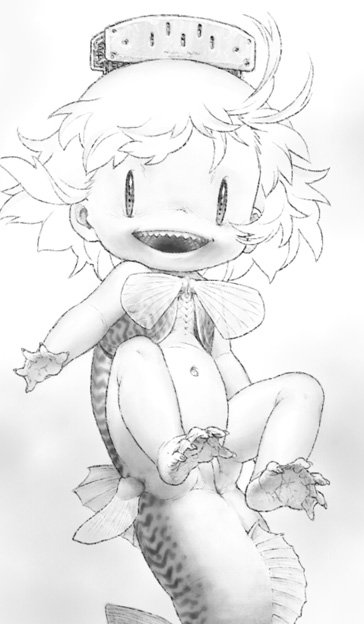 1girl 4n :d female monochrome monster_girl navel open_mouth original pussy solo tail