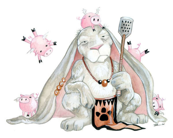 2004 ambiguous_gender anthro clothing ear_piercing feathered_wings feathers feral fly_swatter fur grey_fur group hare jewelry lagomorph loincloth male mammal necklace piercing pig porcine simple_background ursula_vernon white_background wings
