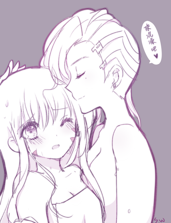 age_difference asymmetrical_hair atobesakunolove bangs breast_press breasts cleavage closed_eyes couple d.va_(overwatch) earrings facepaint facial_mark hand_on_another's_head hug jewelry long_hair looking_at_another mole mole_under_eye monochrome multiple_girls naked_towel nude one_eye_closed open_mouth overwatch petting purple_background sketch small_breasts smile sombra_(overwatch) speech_bubble stud_earrings swept_bangs towel translation_request upper_body water_drop wet whisker_markings yuri