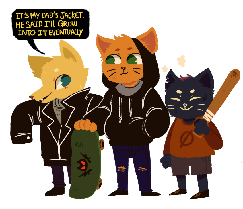 2017 age_difference anthro bruised canine casey_(nitw) cat clothed clothing cub cute dialogue english_text feline footwear fox fully_clothed gregg_(nitw) hood hooded_jacket hoodie jacket jeans laces leather leather_jacket mae_(nitw) mammal night_in_the_woods pants shirt shorts skateboard speech_bubble text threehairs_(artist) torn_clothing torn_jeans torn_pants young