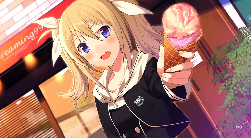 :d arimura_hinae blonde_hair blue_eyes chaos;child collarbone dutch_angle eyebrows_visible_through_hair fang food hair_between_eyes hair_ribbon holding holding_food ice_cream long_hair open_mouth outdoors outstretched_arm ribbon sahuyaiya smile solo twintails white_ribbon