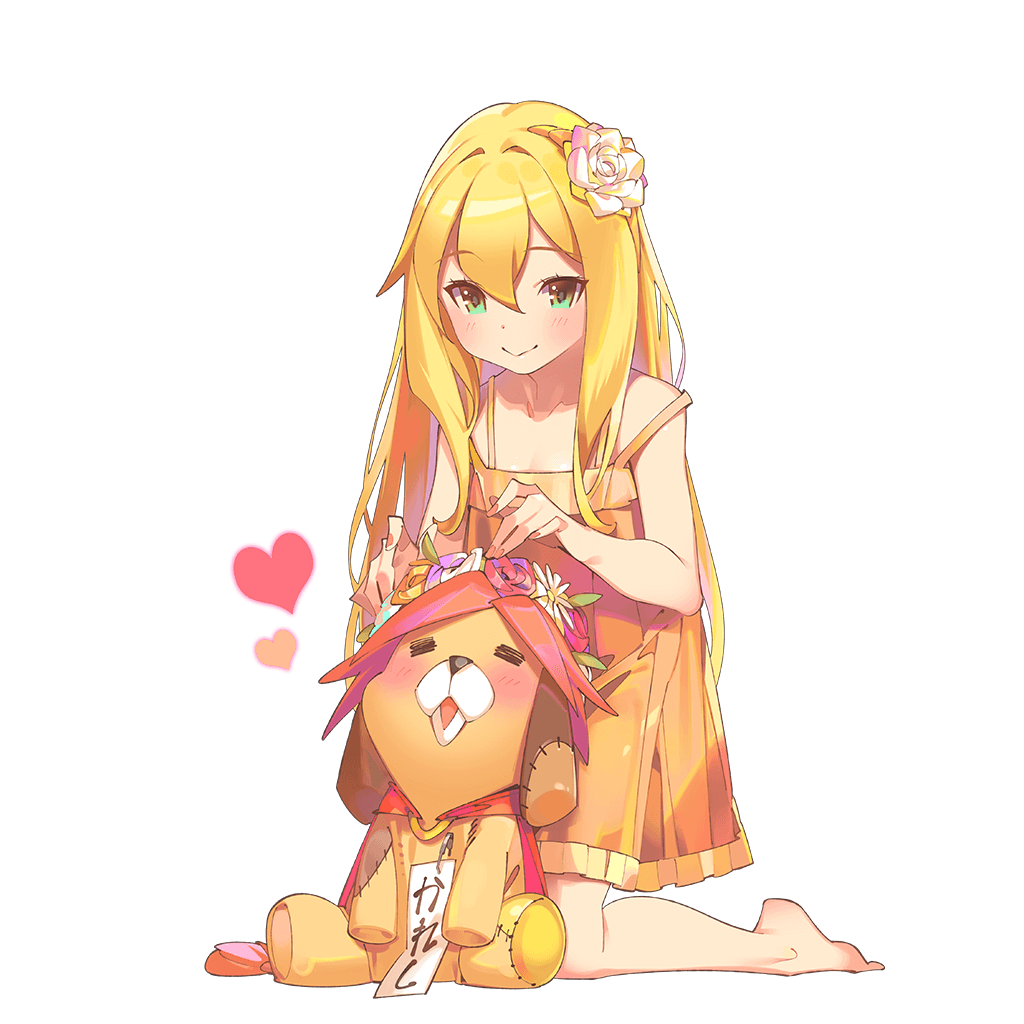 bare_shoulders barefoot blonde_hair blush closed_mouth dress flower full_body heart kneeling long_hair magi_mitras nail_polish official_art open_mouth orange_dress orange_nails pop_kyun short_dress solo stuffed_animal stuffed_lion stuffed_toy transparent_background uchi_no_hime-sama_ga_ichiban_kawaii very_long_hair wreath