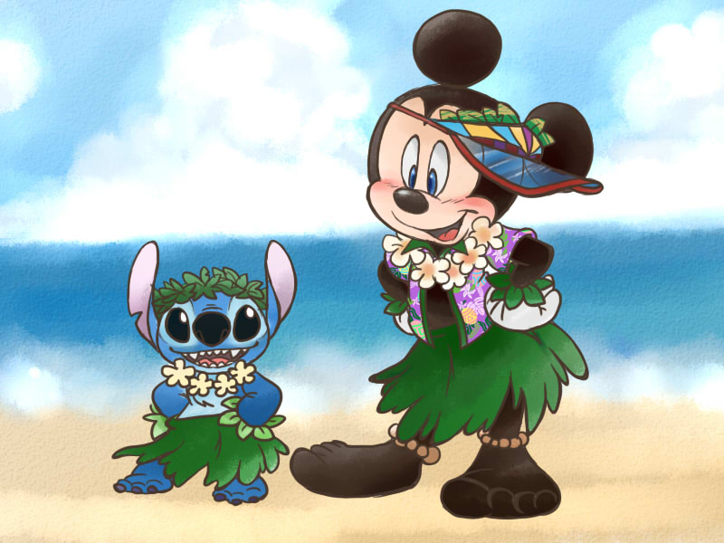 2012 4:3 4_toes alien anklet anthro barefoot beach blue_eyes blush bracelet chest_tuft chico110 clothed clothing cute dancing digital_drawing_(artwork) digital_media_(artwork) disney duo experiment_(species) grass hands_on_hips hawaiian_shirt head_tuft headwear hula jewelry lei lilo_and_stitch mammal mickey_mouse mouse notched_ear open_mouth open_smile rodent round_ears seaside shirt size_difference skirt smile stitch toes topless tuft visor white_gloves