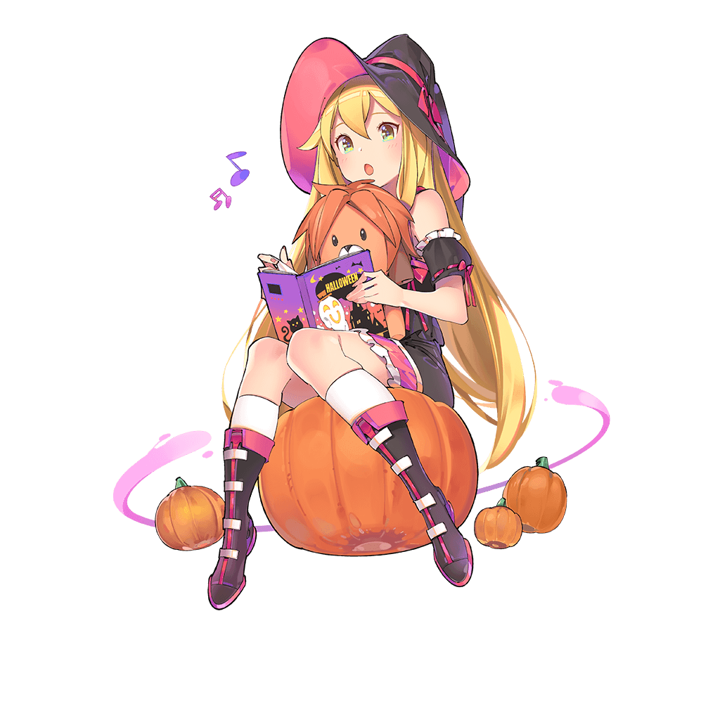 :o bare_shoulders beamed_sixteenth_notes blonde_hair book boots eighth_note full_body green_eyes halloween hat jack-o'-lantern kneehighs long_hair magi_mitras miniskirt musical_note nail_polish official_art open_book open_mouth pink_nails pop_kyun pumpkin sitting skirt solo stuffed_animal stuffed_lion stuffed_toy transparent_background uchi_no_hime-sama_ga_ichiban_kawaii witch_hat