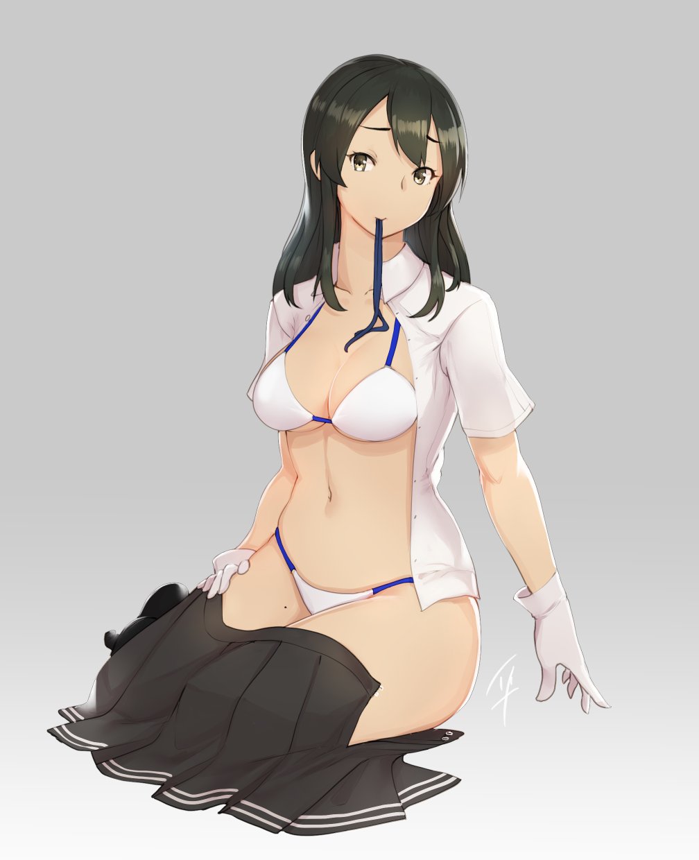 bikini black_hair black_skirt bra breasts brown_eyes clothes_in_mouth collarbone collared_shirt full_body gloves grey_background hand_on_hip hayabusa highres kantai_collection kneeling long_hair looking_at_viewer medium_breasts navel open_clothes open_shirt oyashio_(kantai_collection) pleated_skirt shiny shiny_hair shirt short_sleeves simple_background skindentation skirt solo swimsuit underwear white_bra white_gloves white_shirt