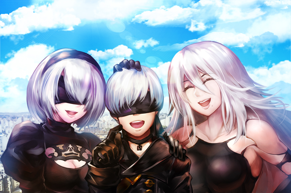 1boy 2girls ^_^ android blindfold dtcy happy multiple_girls nier_(series) nier_automata sky smile white_hair yorha_no._2_type_b yorha_no._9_type_s yorha_type_a_no._2