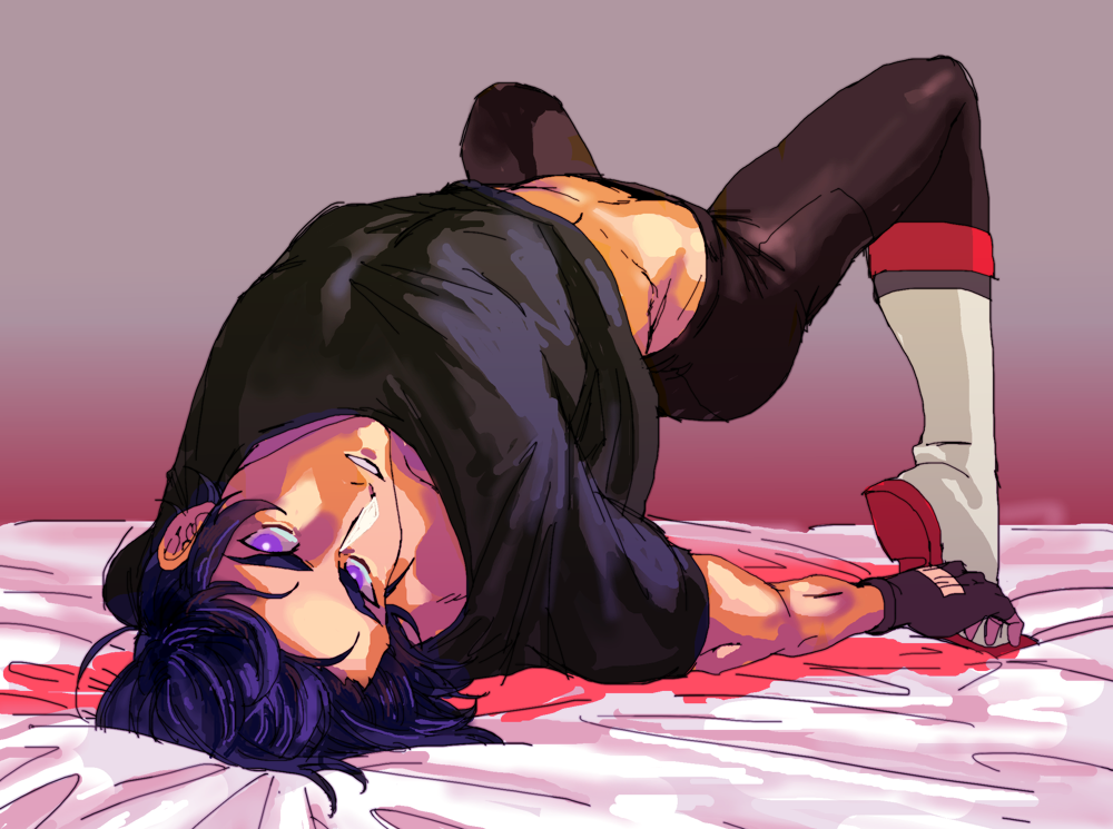 1boy black_gloves black_hair black_shirt boots fingerless_gloves gloves hip_focus hyakujuu-ou_golion iria59 keith_(voltron) looking_at_viewer male_focus midriff on_bed parted_lips purple_eyes shirt shoes short_sleeves solo voltron:_legendary_defender white_footwear