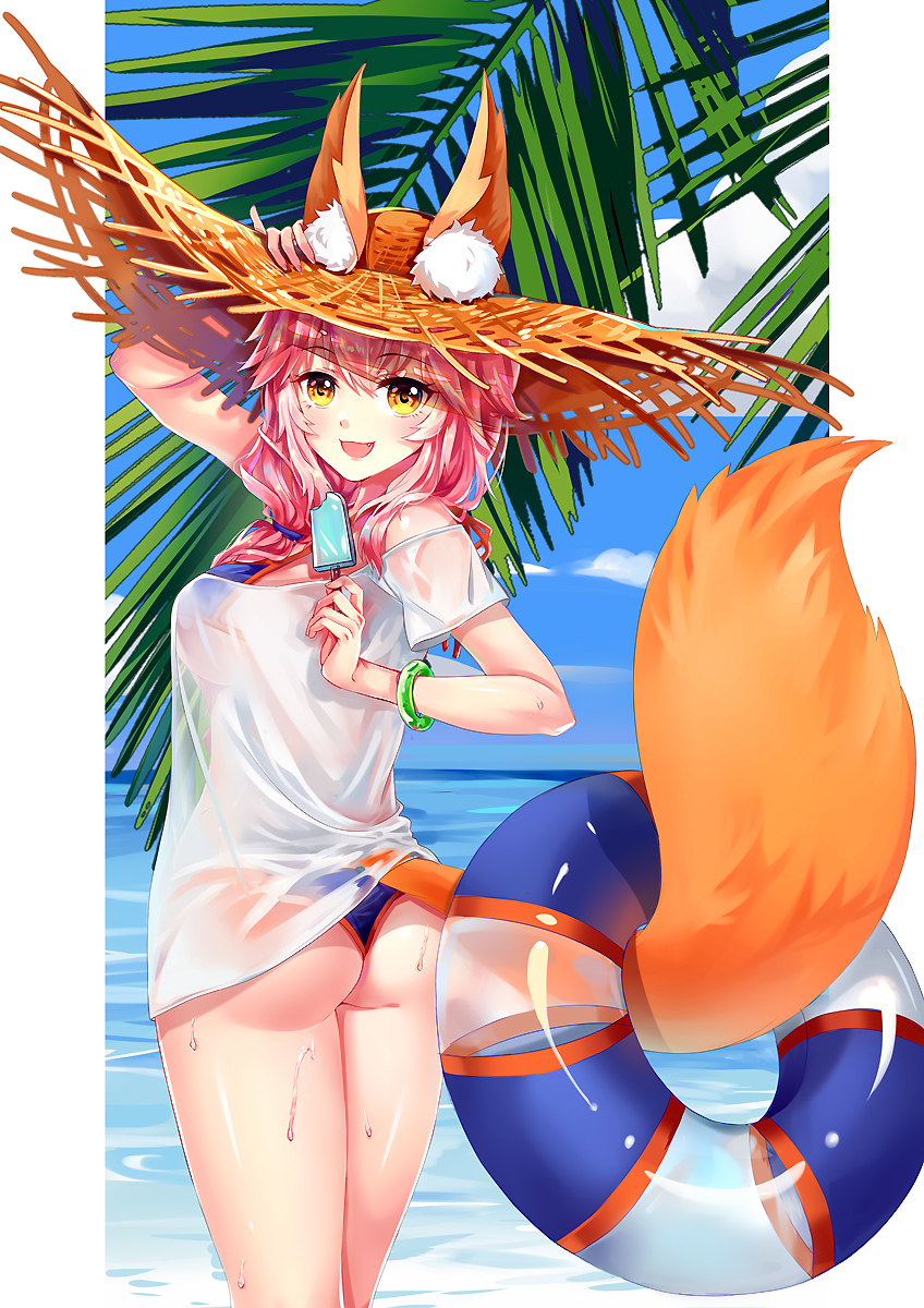 animal_ears ass bare_shoulders bikini blue_bikini bracelet breasts cleavage day ears_through_headwear fang fate/grand_order fate_(series) food fox_ears fox_tail hair_ribbon hat highres holding innertube jewelry large_breasts long_hair looking_at_viewer looking_back ocean open_mouth outdoors pink_hair popsicle ribbon see-through shirt side-tie_bikini sky solo straw_hat sun_hat swimsuit tail tamamo_(fate)_(all) tamamo_no_mae_(fate) tamamo_no_mae_(swimsuit_lancer)_(fate) water xixi yellow_eyes