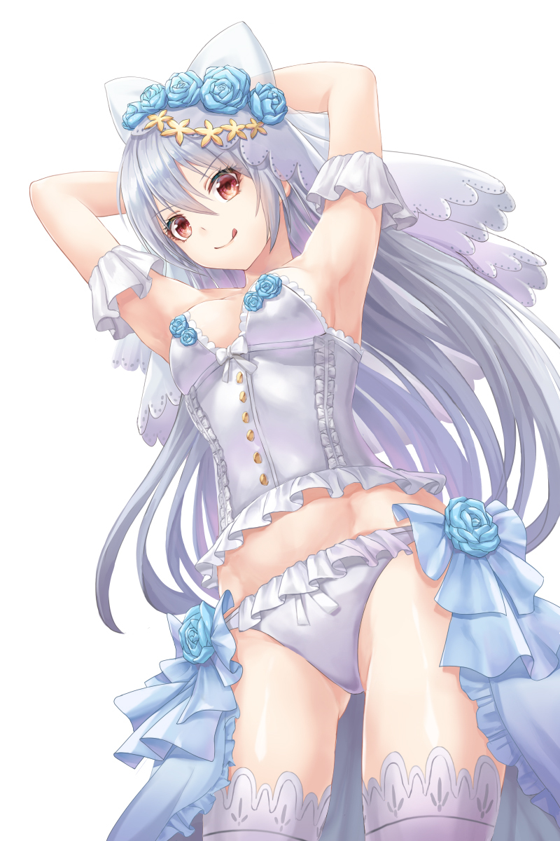 :q armpits arms_up bangs breasts brown_eyes closed_mouth commentary_request corset eyebrows_visible_through_hair from_below girls_frontline grey_legwear hair_between_eyes highres lingerie long_hair looking_at_viewer lunacle medium_breasts panties sidelocks silver_hair smile solo thighhighs tokarev_(girls_frontline) tongue tongue_out underwear white_background white_panties