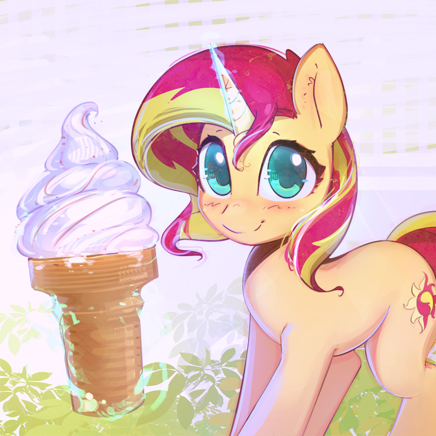 2017 dessert equestria_girls equine female feral food grass hair horn ice_cream looking_at_viewer mammal mirroredsea multicolored_hair my_little_pony outside smile solo sunset_shimmer_(eg) two_tone_hair unicorn unicorn_horn