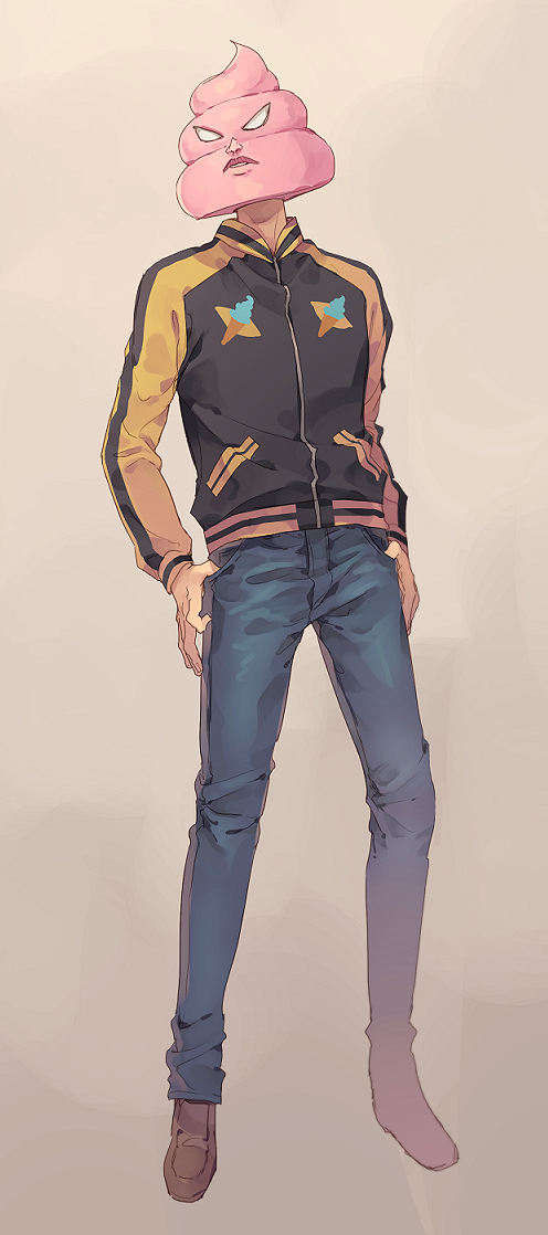 bad_id bad_pixiv_id blank_eyes blue_pants bobobo-bo_bo-bobo brown_footwear commentary_request denim full_body gradient gradient_background jacket jeans long_sleeves looking_at_viewer male_focus natsu_natsuna pants parted_lips poop shoes softon_(bobobo-bo_bo-bobo) solo standing thumbs_in_pockets