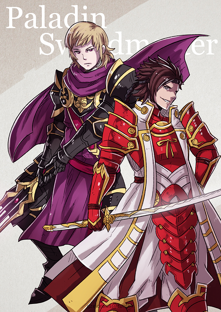 armor blonde_hair brown_hair cape fire_emblem fire_emblem_if frown gauntlets grin gzei holding holding_weapon katana looking_at_viewer male_focus marks_(fire_emblem_if) multiple_boys raijintou_(sword) ryouma_(fire_emblem_if) shinonome_(fire_emblem_if) siegbert_(fire_emblem_if) siegfried_(sword) smile spiked_hair sword weapon