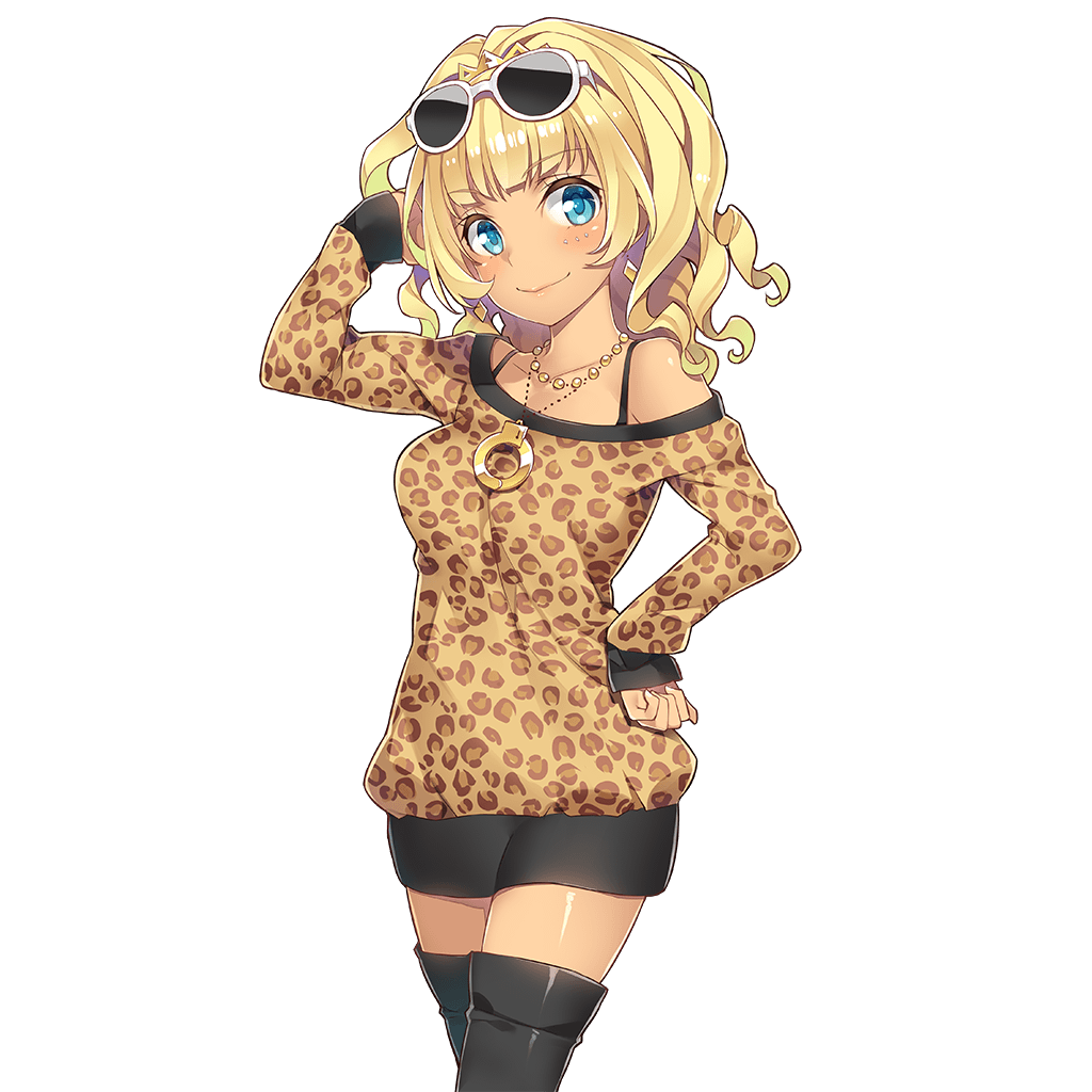 amelie_mcgregor animal_print bangs bare_shoulders black_footwear black_skirt blonde_hair blue_eyes blush boots breasts closed_mouth cowboy_shot crown cuffs drill_hair earrings eyebrows_visible_through_hair eyewear_on_head gyaru hand_on_hip jewelry leopard_print long_hair looking_at_viewer medium_breasts miniskirt mmu necklace official_art pearl_necklace skirt sleeves_past_wrists smile solo sunglasses thigh_boots thighhighs transparent_background uchi_no_hime-sama_ga_ichiban_kawaii zettai_ryouiki