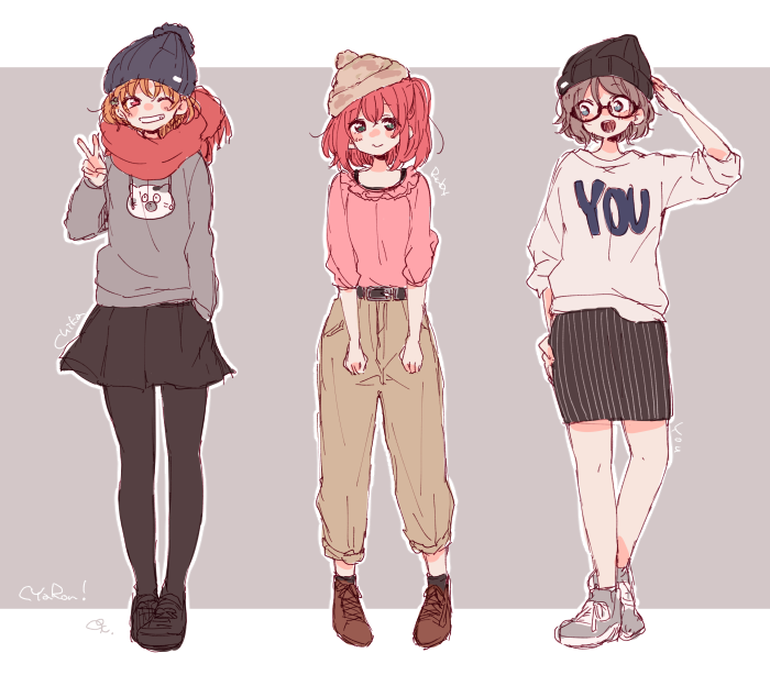 :d ;d artist_name bangs beanie blue_eyes blush brown_background casual character_name clothes_writing cyaron_(love_live!) glasses green_eyes grey_hair grin hat kudo_(low_temp) kurosawa_ruby long_sleeves looking_at_viewer love_live! love_live!_sunshine!! multiple_girls one_eye_closed open_mouth orange_hair pants pantyhose red_eyes red_hair shoes short_hair signature simple_background skirt smile takami_chika two-tone_background v watanabe_you white_background