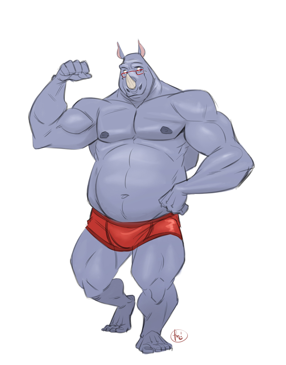 2017 5_fingers 5_toes anthro barefoot belly biceps biped blue_eyes boxer_briefs clothed clothing digital_media_(artwork) eddie_(evane) evane eyewear feet flexing front_view full-length_portrait furrybob glasses grey_belly grey_nipples grey_skin hi_res horn humanoid_feet humanoid_hands male mammal musclegut muscular muscular_male navel nipples pecs plantigrade portrait pose red_bottomwear red_clothing red_underwear rhinoceros signature simple_background smile solo standing toes topless underwear white_background white_horn