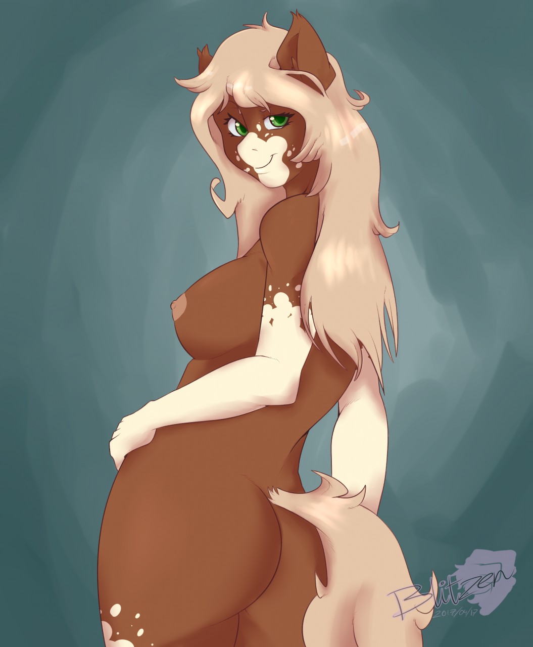 2017 anthro blitzenoo breasts brown_fur brown_nipples butt digital_media_(artwork) equine eyelashes female fur green_eyes grey_background hair half-length_portrait hand_on_hip hi_res horse long_hair long_tail looking_at_viewer looking_back mammal multicolored_fur nipples nude portrait rear_view side_boob signature simple_background smile solo standing tan_hair tan_tail two_tone_fur white_fur