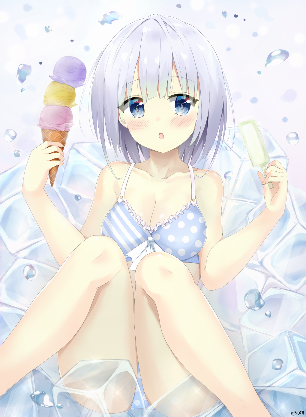 7_calpis_7 bikini blue_bikini blue_eyes blush breasts cleavage collarbone eyebrows_visible_through_hair food highres ice_cream large_breasts looking_at_viewer original parted_lips popsicle silver_hair solo swimsuit