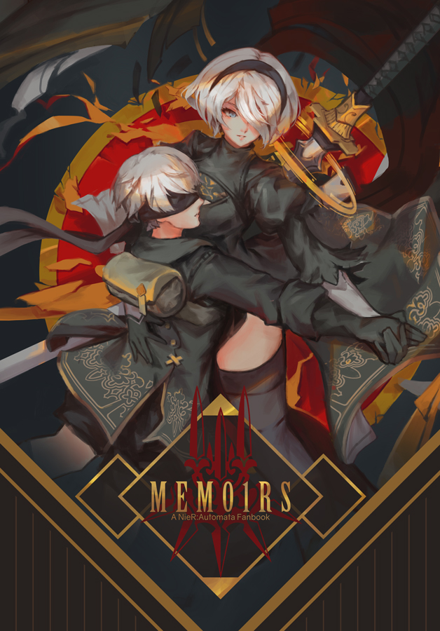 1girl arm_around_waist backpack bag black_dress blindfold blue_eyes boots commentary cover cover_page covered_eyes dancing dress feather-trimmed_sleeves hair_over_one_eye holding_hands huge_weapon nier_(series) nier_automata no_blindfold saimon_ma silver_hair sword thigh_boots thighhighs thighhighs_under_boots thighs weapon weapon_on_back yorha_no._2_type_b yorha_no._9_type_s