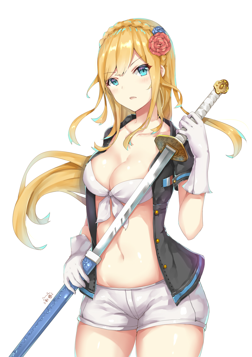 blonde_hair blue_eyes blush breasts cleavage collarbone eyebrows_visible_through_hair french_flag gloves highres holding holding_sheath holding_sword holding_weapon large_breasts long_hair looking_at_viewer navel parted_lips richelieu_(zhan_jian_shao_nyu) sheath solo sword unsheathing weapon white_gloves zhan_jian_shao_nyu zhudacaimiao