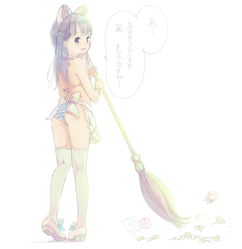 animal_ears apron ass bikini blue_bikini broom cat_ears frilled_apron frills from_behind headdress holding holding_broom kneepits kokudou_juunigou leaf looking_at_viewer looking_back maid_bikini mary_janes open_mouth original over-kneehighs panties shoes smile solo speech_bubble standing striped striped_bikini striped_panties sweeping swimsuit thighhighs thighs translated underwear waist_apron white_footwear white_legwear