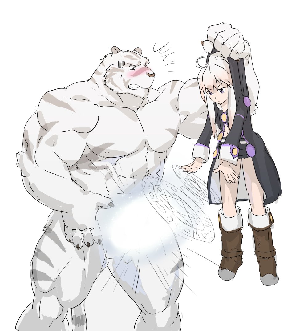 2017 abs angry anthro biceps big_muscles blush boots censored claws clenched_teeth clothed clothing duo feline female footwear forced fur grey_fur grimoire_of_zero human larger_male looking_down magic male mammal mercenary_(character) mixvariety muscular muscular_male nipples nude pecs raised_arm simple_background size_difference smaller_female standing stripes sweat sweatdrop teeth tiger white_background white_fur white_tiger zero_(grimoire_of_zero)