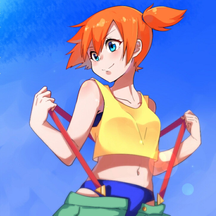 bare_arms bare_shoulders bikini bikini_under_clothes blue_bikini blue_eyes breasts closed_mouth collarbone crop_top crop_top_overhang cropped_shirt day gym_leader hands_up kasumi_(pokemon) kmchi lens_flare looking_to_the_side medium_breasts midriff navel orange_hair outdoors pokemon pokemon_(anime) pokemon_(classic_anime) pulled_by_self shirt short_hair side_ponytail sleeveless sleeveless_shirt smile solo stomach suspenders suspenders_pull swimsuit undressing unzipped upper_body