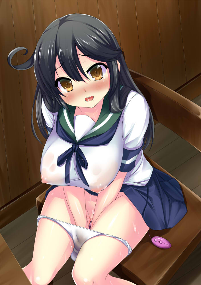 black_hair breasts chair covered_nipples desk drooling fingering groin hoshizuki_(seigetsu) kantai_collection large_breasts long_hair looking_at_viewer masturbation open_mouth panties panty_pull pussy_juice school_uniform see-through serafuku side_ahoge sitting skirt solo tears underwear ushio_(kantai_collection) vibrator wet wet_clothes wet_panties white_panties yellow_eyes