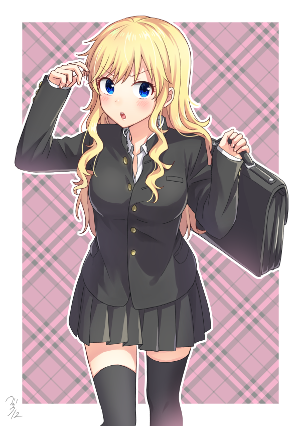 :o arm_up bekkourico black_jacket black_legwear black_skirt blonde_hair blue_eyes blush border breasts briefcase buttons checkered checkered_background collared_shirt commentary_request eyebrows_visible_through_hair holding holding_briefcase idolmaster idolmaster_cinderella_girls jacket long_hair long_sleeves looking_at_viewer medium_breasts miniskirt ootsuki_yui open_mouth outline pleated_skirt school_briefcase school_uniform shiny shiny_hair shirt sidelocks skirt solo thighhighs v-shaped_eyebrows wavy_hair white_border white_outline white_shirt zettai_ryouiki
