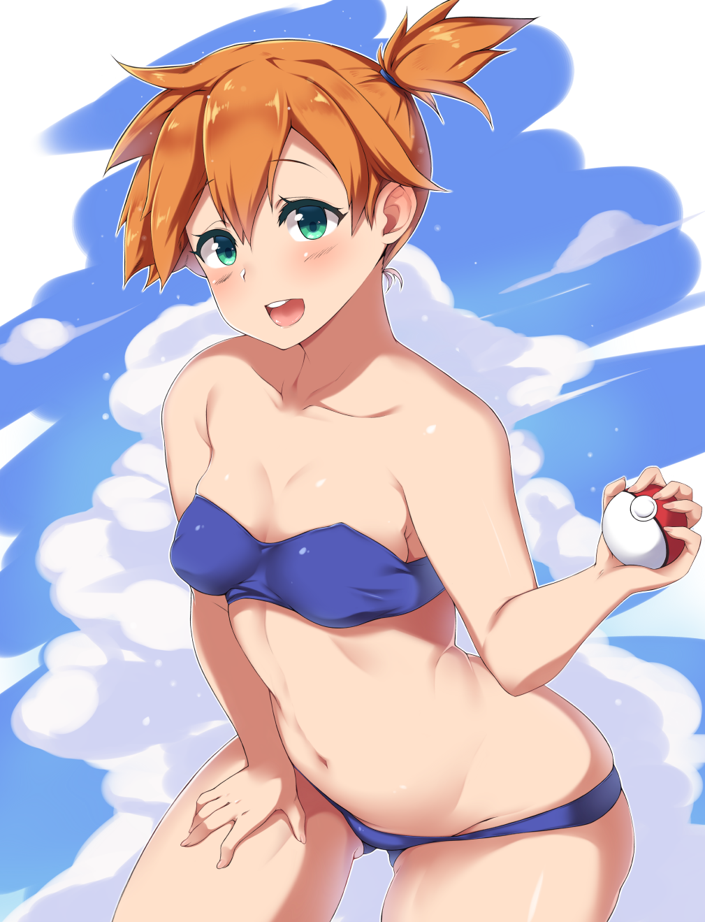 :d ass_visible_through_thighs bandeau bare_shoulders bent_over bikini blue_bikini blue_sky breasts cloud cowboy_shot day green_eyes hand_on_own_thigh highres holding holding_poke_ball kasumi_(pokemon) leaning_forward looking_at_viewer moisture_(chichi) navel open_mouth orange_hair outdoors poke_ball poke_ball_(generic) pokemon pokemon_(game) pokemon_rgby short_hair short_sidetail side_ponytail sky small_breasts smile solo swimsuit