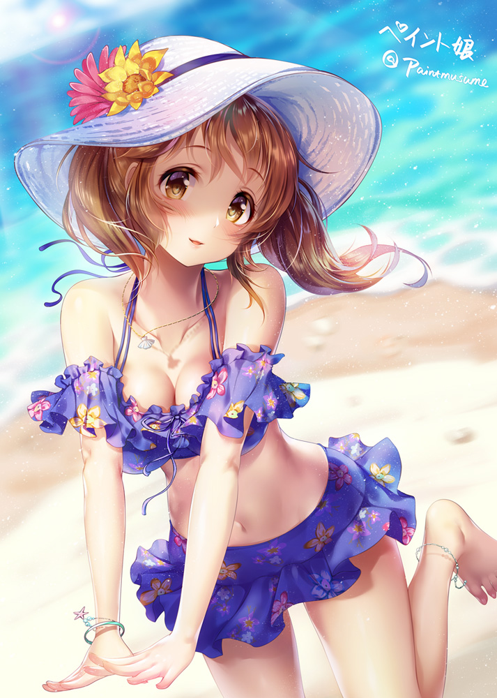 anklet artist_name barefoot beach bikini blush bracelet breasts brown_hair cleavage day flower frilled_bikini frills hat hat_flower idolmaster idolmaster_cinderella_girls idolmaster_cinderella_girls_starlight_stage jewelry large_breasts long_hair looking_at_viewer navel signature smile solo sun_hat swimsuit totoki_airi twintails twitter_username youqiniang