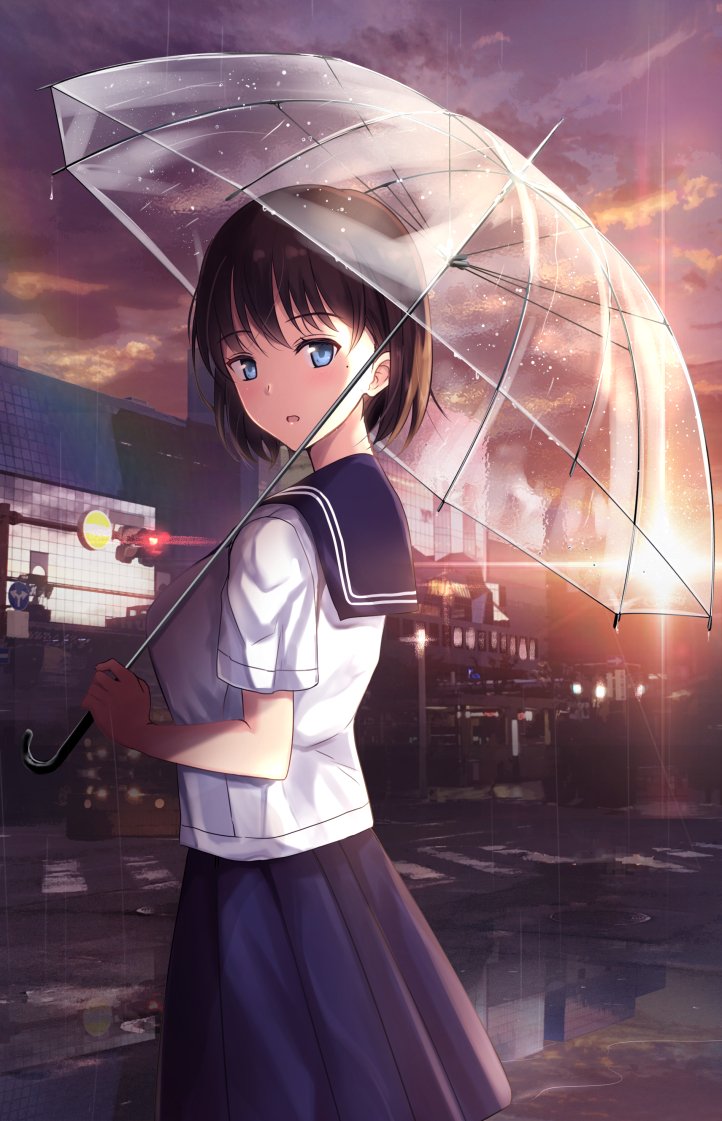 arms_up blouse blue_eyes blue_sailor_collar blue_skirt breasts building cloud cloudy_sky come_hither commentary_request evening eyebrows_visible_through_hair holding holding_umbrella looking_at_viewer medium_breasts original outdoors rain road sailor_collar school_uniform serafuku skirt sky solo standing street transparent transparent_umbrella umbrella untsue white_blouse