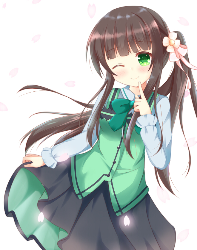 ;) alternate_costume alternate_hairstyle bangs black_skirt blunt_bangs bow bowtie breasts brown_hair buttons closed_mouth collared_shirt commentary_request cowboy_shot eyebrows_visible_through_hair finger_to_mouth flower gochuumon_wa_usagi_desu_ka? green_bow green_eyes green_neckwear green_vest hair_flower hair_ornament kedama_(kedama_akaza) long_hair long_sleeves looking_at_viewer one_eye_closed petals pink_ribbon rabbit_house_uniform ribbon shirt side_ponytail sidelocks skirt skirt_hold small_breasts smile solo standing ujimatsu_chiya very_long_hair vest white_background white_flower white_shirt wing_collar