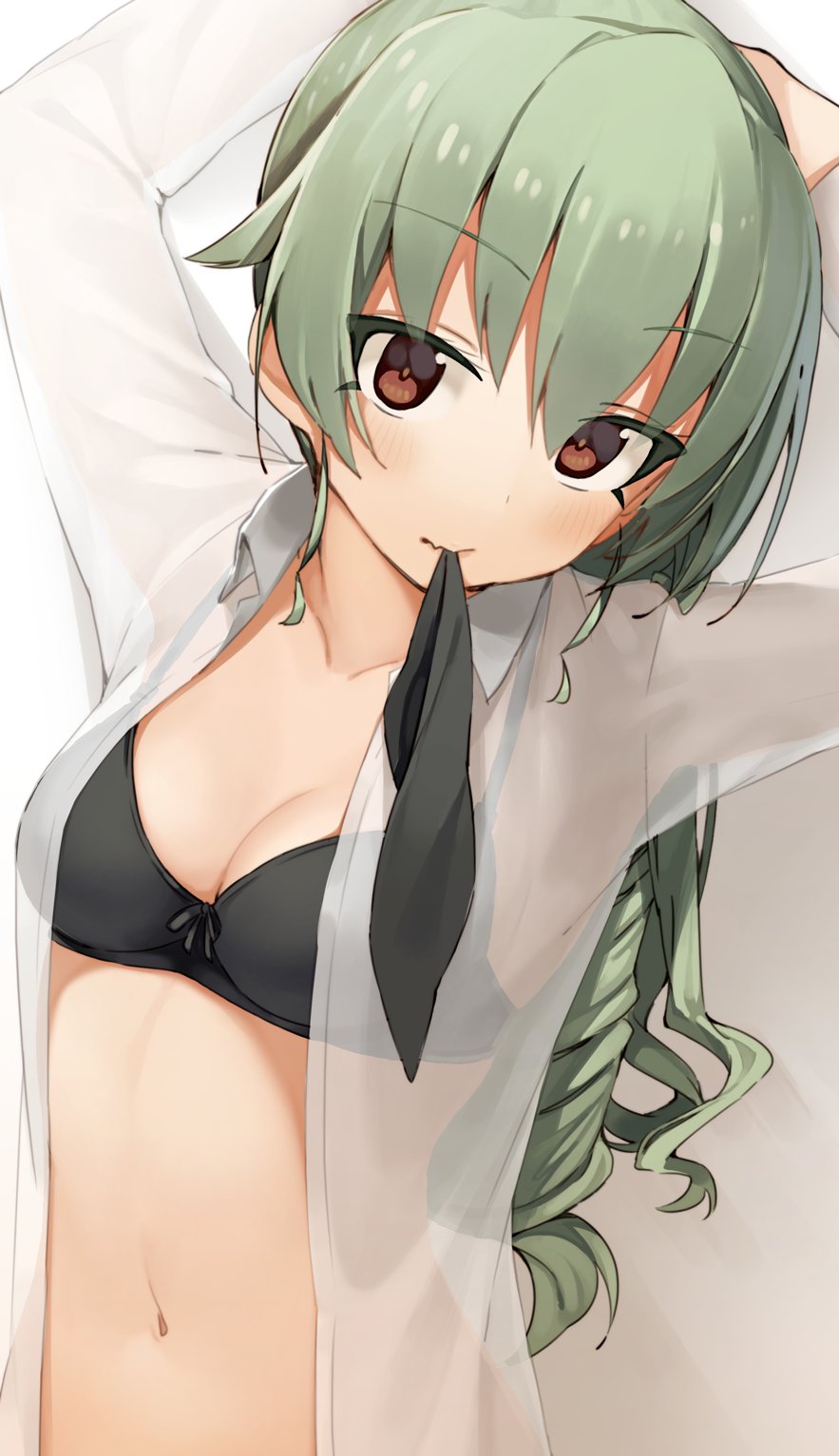 anchovy arms_up black_bra blush bra breasts cleavage collared_shirt commentary_request eyebrows_visible_through_hair girls_und_panzer green_hair highres long_hair looking_at_viewer medium_breasts mouth_hold navel open_clothes open_shirt see-through seramikku shirt solo stomach underwear white_shirt wing_collar