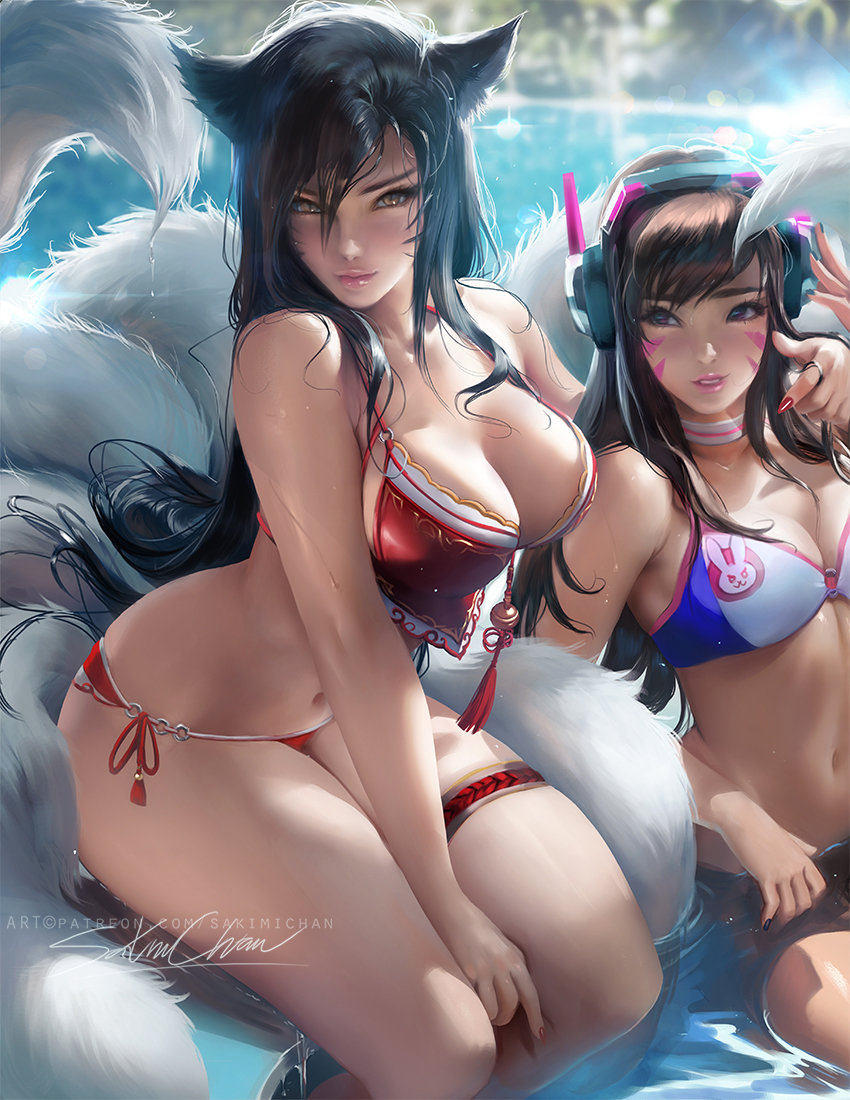 adapted_costume ahri animal_ears animal_print artist_name bangs banned_artist bare_arms bare_legs bare_shoulders bikini black_hair black_nails blue_bikini breasts brown_eyes brown_hair bunny_print choker cleavage collarbone crossover d.va_(overwatch) day eyelashes facepaint facial_mark fingernails fox_ears fox_tail hair_twirling hairband half-closed_eye halterneck hand_on_headphones hand_up headphones large_breasts league_of_legends legs_together lens_flare lips lipstick long_fingernails long_hair looking_at_viewer makeup medium_breasts midriff multiple_girls multiple_tails nail_polish navel nose o-ring o-ring_bikini o-ring_bottom o-ring_top outdoors overwatch parted_lips partially_submerged patreon_username pink_lips pink_lipstick pool poolside red_bikini red_nails sakimichan side-tie_bikini signature sitting smile soaking_feet stomach swept_bangs swimsuit tail tassel teeth wading water wet wet_hair wet_tail whisker_markings white_choker yellow_eyes