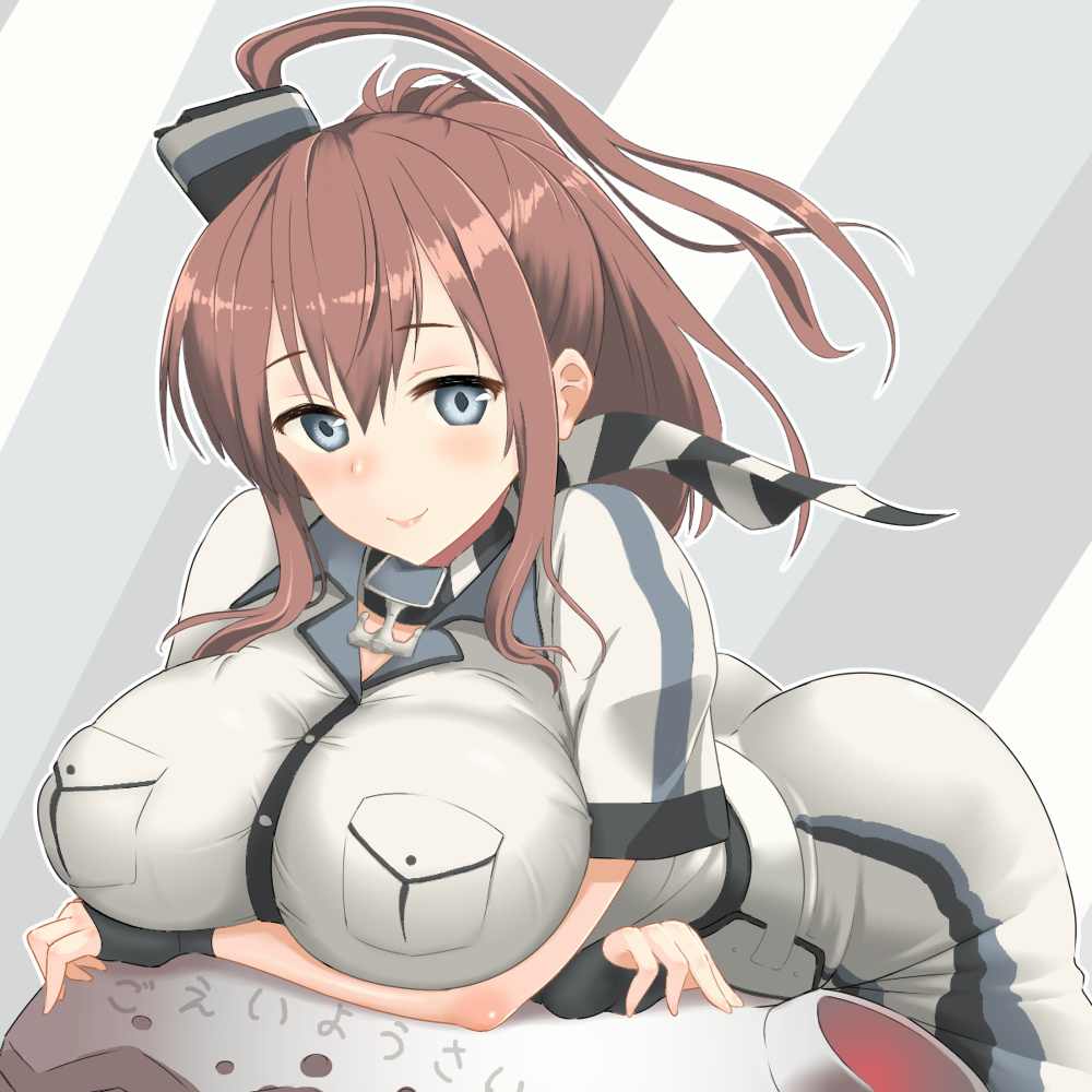 bent_over black_neckwear blue_eyes breast_pocket breast_rest breasts brown_hair dress fingerless_gloves floating_fortress_(kantai_collection) gloves kantai_collection kuronaga large_breasts long_hair looking_at_viewer neckerchief pocket ponytail remodel_(kantai_collection) saratoga_(kantai_collection) side_ponytail single_glove smokestack solo striped striped_neckwear upper_body white_dress