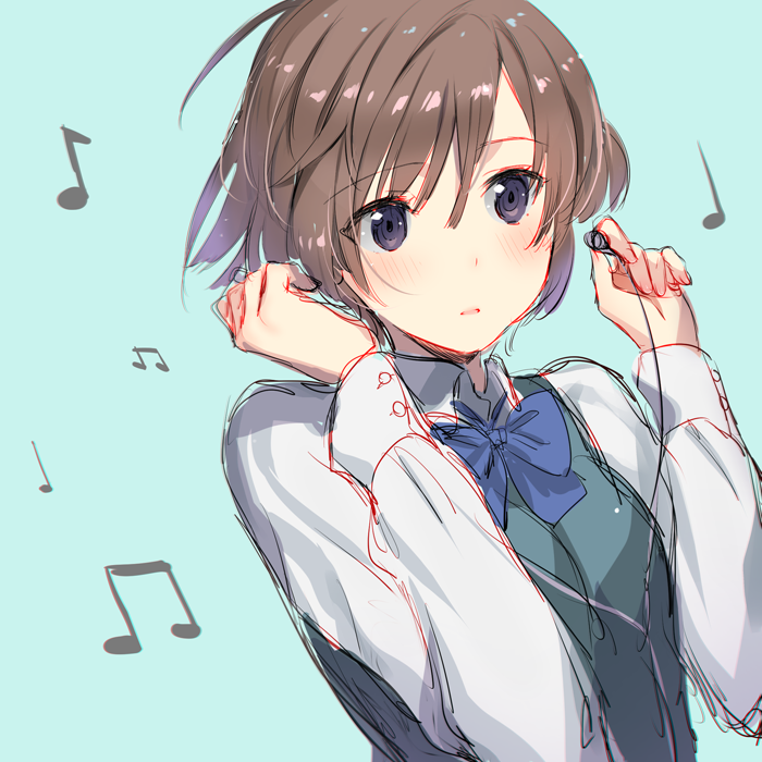 aqua_background bangs beamed_eighth_notes blush bob_cut brown_hair collared_shirt earphones eighth_note eyebrows_visible_through_hair hair_between_eyes hands_up holding listening_to_music long_sleeves musical_note original parted_lips purple_eyes quarter_note shirt short_hair simple_background single_earphone_removed sketch solo upper_body weee_(raemz) white_shirt