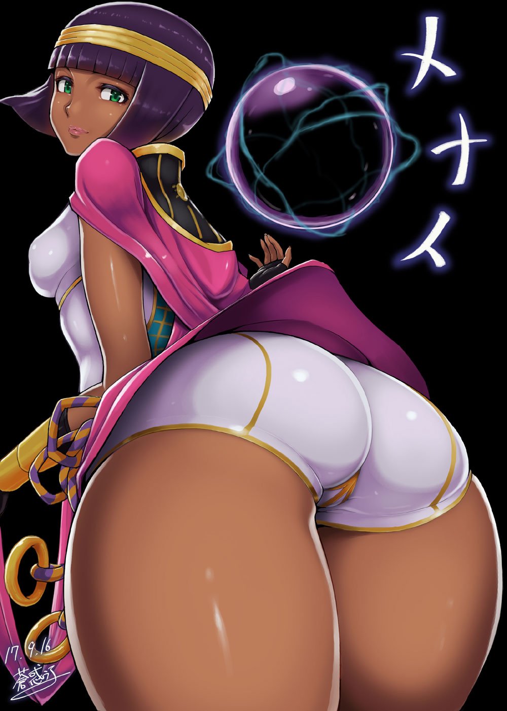 alternate_color ao_madoushi ass bangs black_background blunt_bangs bob_cut breasts cape crystal_ball dark_skin dress egyptian_clothes fingerless_gloves from_behind gloves green_eyes highres lipstick long_hair looking_at_viewer looking_back makeup medium_breasts menat pink_lips pov purple_hair short_hair simple_background smile solo street_fighter street_fighter_v thick_thighs thighs tiara