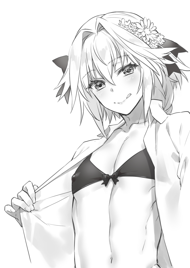 ;q arm_at_side astolfo_(fate) bangs black_bikini_top black_bow blush bow bow_bikini braid collarbone collared_shirt covered_nipples demmy dress_shirt eyebrows_visible_through_hair eyelashes fate/apocrypha fate/grand_order fate_(series) fingernails flashing flower greyscale hair_between_eyes hair_flower hair_intakes hair_ornament hair_ribbon half-closed_eyes hand_up head_tilt licking_lips long_hair looking_at_viewer male_focus midriff monochrome navel one_eye_closed open_clothes open_shirt otoko_no_ko pulled_by_self ribbon shirt shirt_pull simple_background single_braid smile tongue tongue_out upper_body white_background