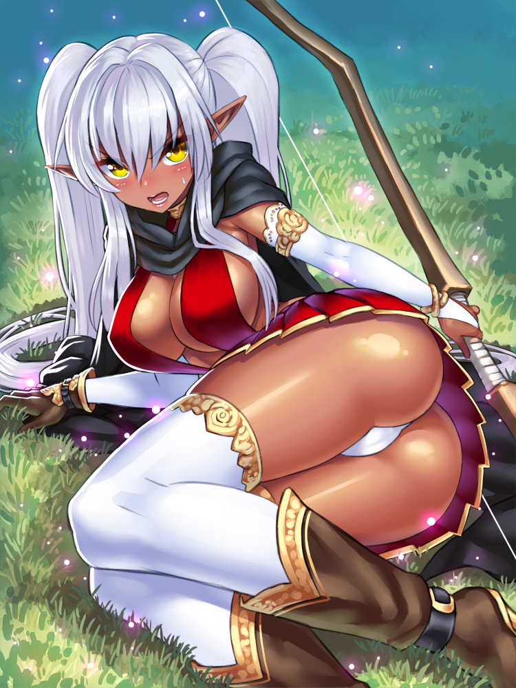 ass black_panties blush boots bow_(weapon) breasts bridal_gauntlets cleavage cloak commentary_request dark_elf dark_skin elf gloves large_breasts long_hair looking_at_viewer open_mouth original panties pantyshot pointy_ears silver_hair single_glove skirt solo thighhighs thong twintails underwear upskirt weapon white_panties yapo_(croquis_side) yellow_eyes