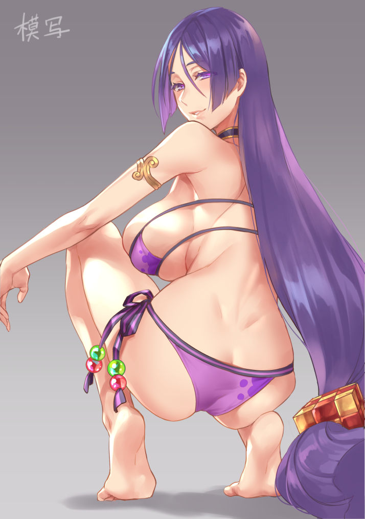 armlet artist_name ass back bangs bare_arms bare_legs bare_shoulders barefoot beads bikini breast_rest breasts choker cleavage demmy eyebrows_visible_through_hair eyelashes eyepatch_bikini fate/grand_order fate_(series) feet from_behind gradient gradient_background hair_between_eyes half-closed_eyes large_breasts legs_apart long_hair looking_at_viewer looking_back low-tied_long_hair minamoto_no_raikou_(fate/grand_order) minamoto_no_raikou_(swimsuit_lancer)_(fate) parted_bangs parted_lips purple_bikini purple_eyes purple_hair side-tie_bikini sideboob skindentation smile soles solo squatting strapless strapless_bikini string_bikini swimsuit teeth toes very_long_hair