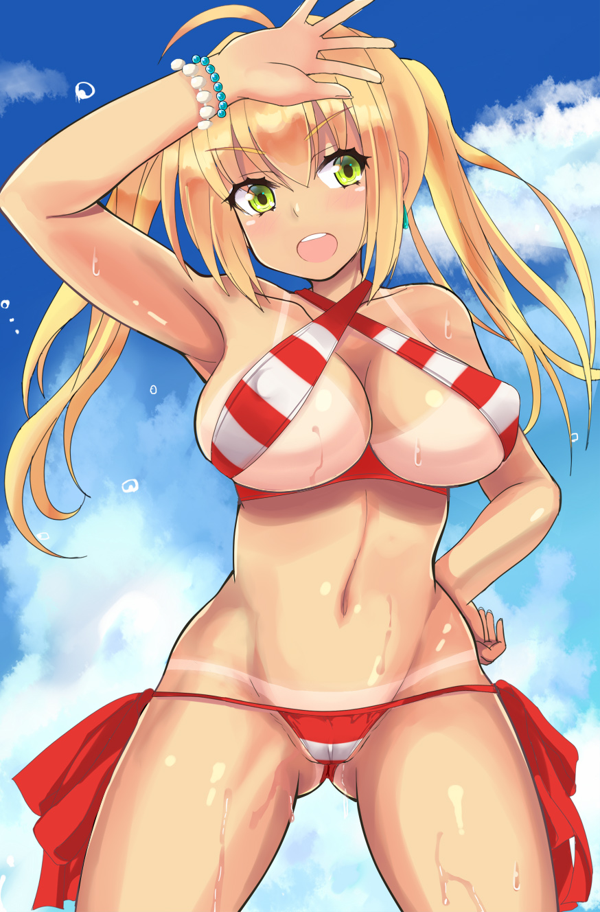 :d ahoge arm_up armpits arms_up bad_hands bangs bead_bracelet beads bikini bikini_tan blonde_hair blue_sky bracelet breasts cloud cloudy_sky collarbone comord cowboy_shot criss-cross_halter day eyebrows_visible_through_hair fate/grand_order fate_(series) green_eyes hair_between_eyes hair_intakes halter_top halterneck hand_on_hip highres jewelry large_breasts legs_apart long_hair looking_at_viewer navel nero_claudius_(fate)_(all) nero_claudius_(swimsuit_caster)_(fate) open_mouth outdoors red_bikini side-tie_bikini sidelocks sky smile solo striped striped_bikini swimsuit tan tanline thighs tsurime twintails water_drop