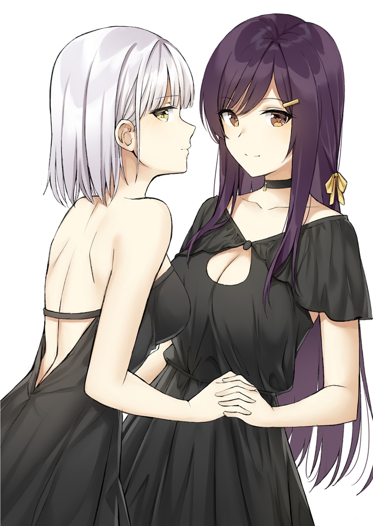 aemu_(august_life) backless_dress backless_outfit bangs bare_shoulders black_dress breasts brown_eyes cleavage closed_mouth commentary dress eyebrows_visible_through_hair hair_ornament hairclip large_breasts long_hair looking_at_viewer medium_breasts multiple_girls original profile purple_hair short_hair sidelocks silver_hair simple_background smile white_background yellow_eyes