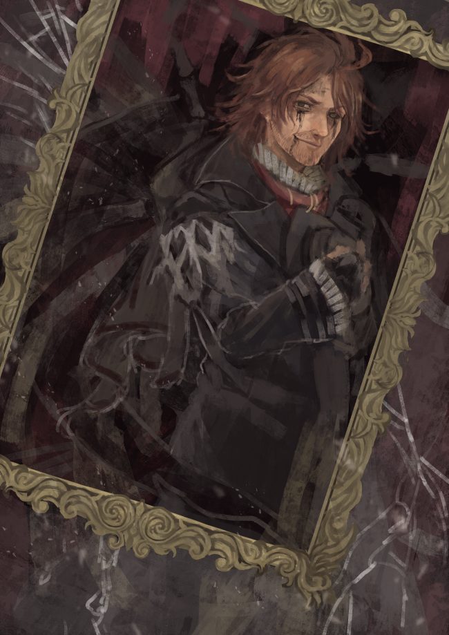 ardyn_izunia black_tears black_wings broken_glass facial_hair final_fantasy final_fantasy_xv glass hat hat_removed headwear_removed holding holding_hat looking_at_viewer male_focus picture_frame red_hair sakaki-no solo stubble wings
