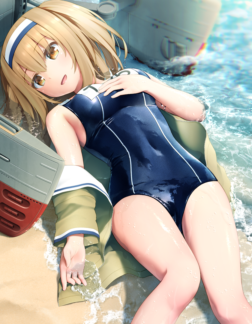:d bare_legs bare_shoulders beach blazer breasts brown_eyes brown_hair brown_jacket character_name chromatic_aberration commentary_request covered_navel day hairband hand_on_breast hand_on_own_chest haribote_(tarao) i-26_(kantai_collection) jacket kantai_collection long_sleeves looking_at_viewer lying machinery medium_breasts name_tag new_school_swimsuit off_shoulder on_back one-piece_swimsuit open_blazer open_clothes open_jacket open_mouth outdoors revision sand school_swimsuit shiny shiny_clothes short_hair smile solo swimsuit tareme two-tone_hairband unzipped water water_drop