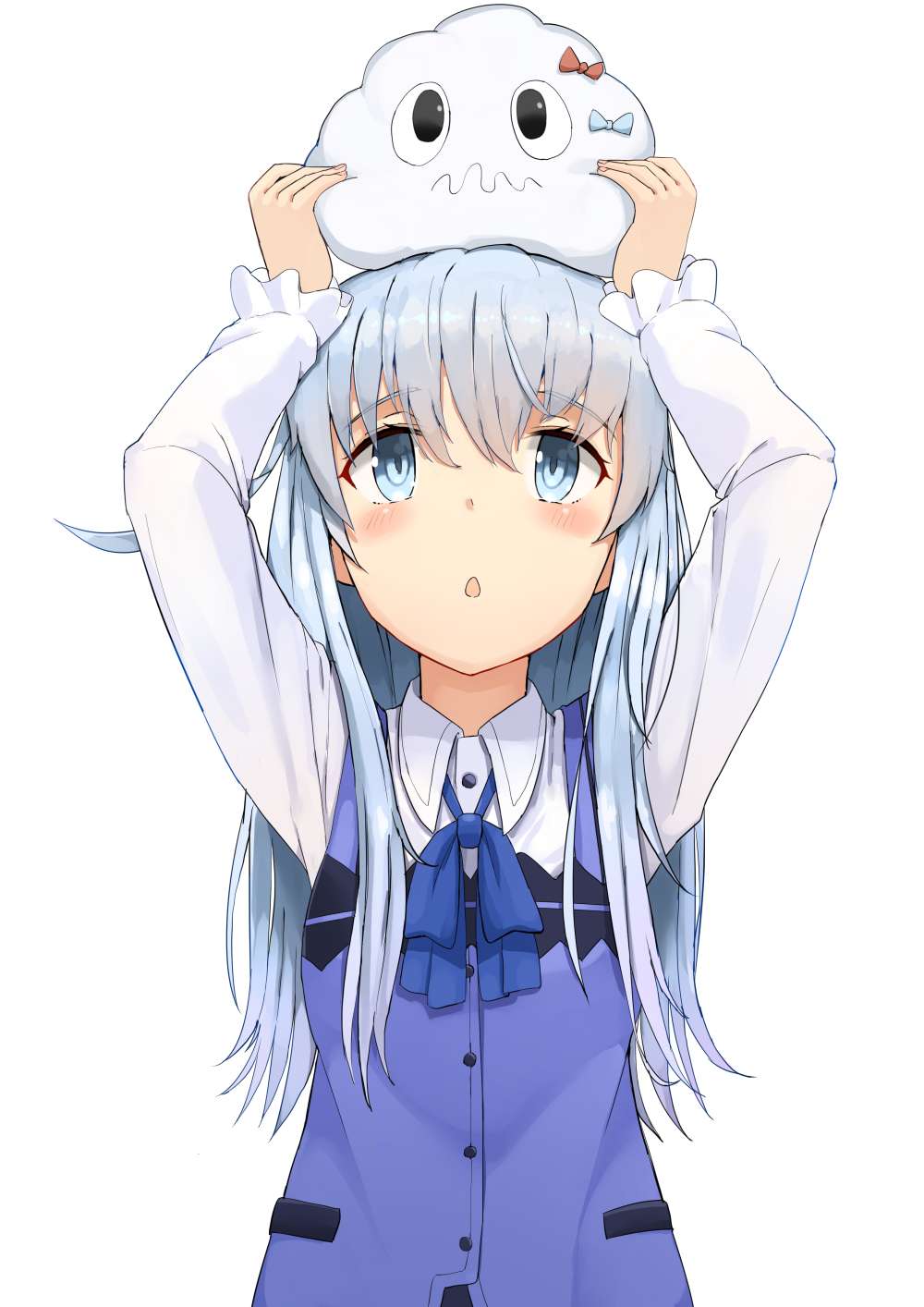 black_eyes blue_bow blue_hair blue_neckwear blue_ribbon blue_vest blush bow chestnut_mouth closed_mouth collared_shirt commentary_request cosplay crossover dress_shirt eyebrows_visible_through_hair gochuumon_wa_usagi_desu_ka? hair_between_eyes hibiki_(kantai_collection) highres jpeg_artifacts kafuu_chino kafuu_chino_(cosplay) kantai_collection long_hair long_sleeves looking_up miss_cloud neck_ribbon on_head rabbit_house_uniform red_bow revision ribbon shirt simple_background soushou_nin vest wavy_mouth white_background wing_collar