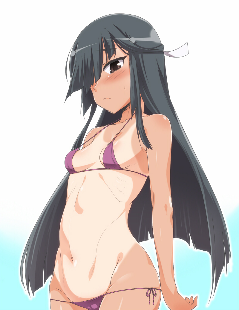 bare_arms bare_shoulders bikini black_hair blush breasts collarbone commentary_request cowboy_shot embarrassed frown hair_over_one_eye hair_ribbon halterneck hayashimo_(kantai_collection) kantai_collection long_hair looking_at_viewer micro_bikini navel one-piece_tan panties purple_bikini purple_ribbon ribbon side-tie_bikini side-tie_panties sidelocks small_breasts solo stomach straight_hair strap_gap sweat sweatdrop swimsuit tan tanline two-tone_background underwear white_background yoshi_tama